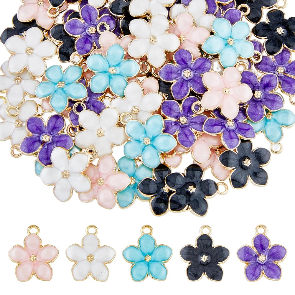 DICOSMETIC 150Pcs 5 Colors Enamel Flower Pendants Cherry Blossom Pendants Floral Theme Charms Gold Plated Flower Charms Blossom Dangle Charm Alloy Pendants for Jewelry Making