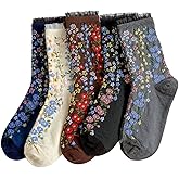 Vintage Style Embroidered Floral Socks for Women Girls with Lace Trims, Spring and Fall Cotton Crew Socks
