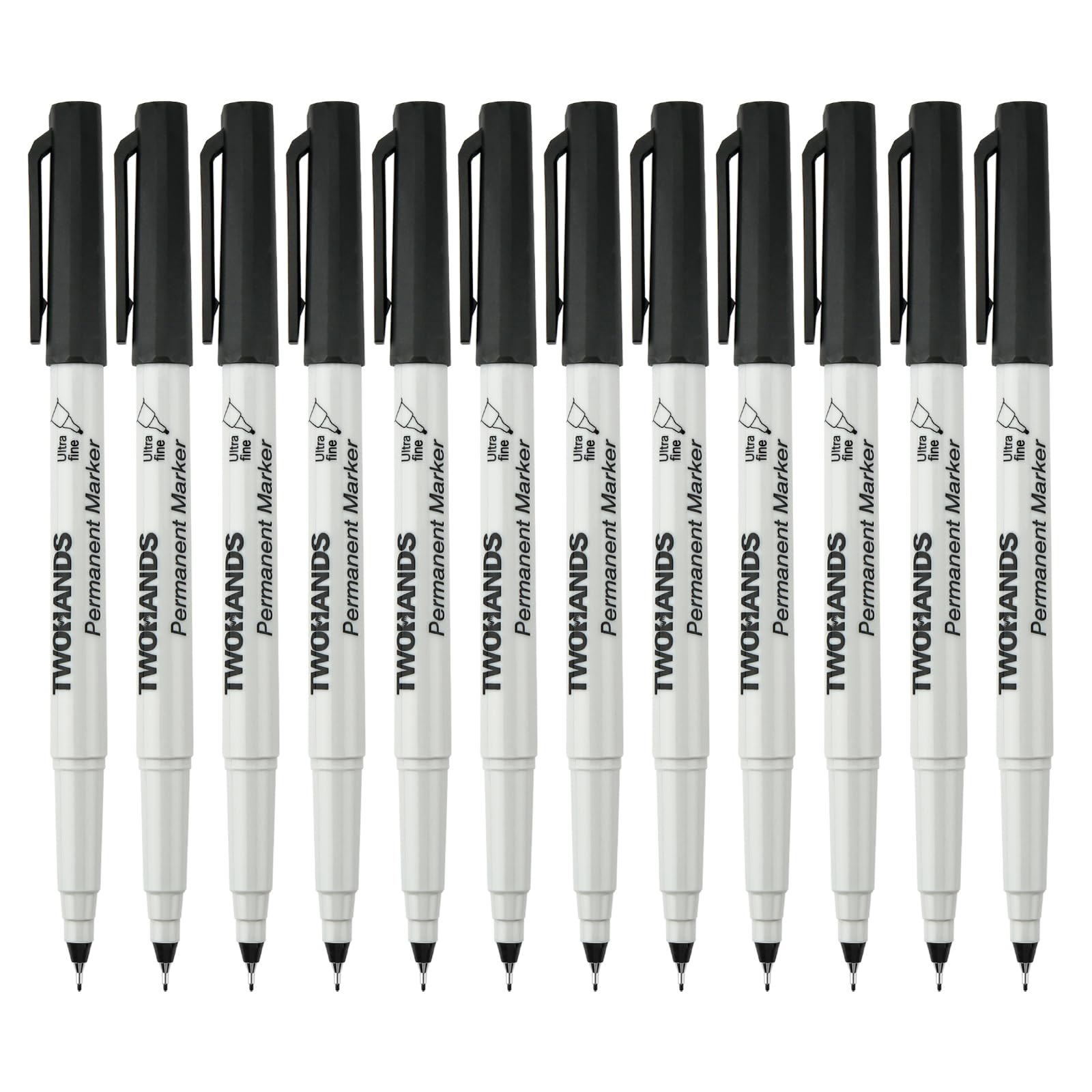 TWOHANDS 12 Black Permanent Markers, Ultra Fine Point for Exact Marks, Marker Pens, Works on Plastic Wood Stone Ceramic Metal Glass, 21618