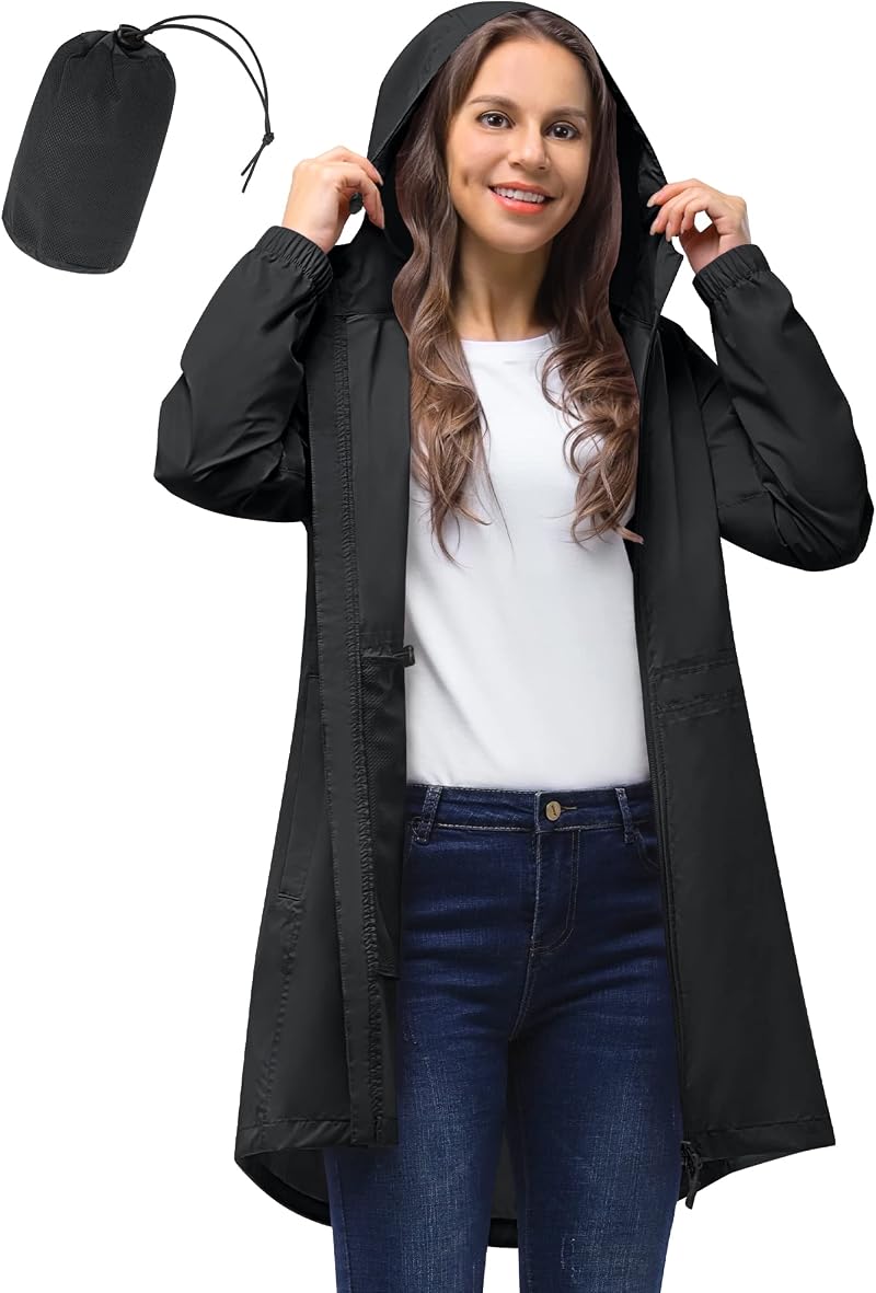 33,000ft Waterproof Womens Rain Jacket Lightweight Hooded Packable Black M