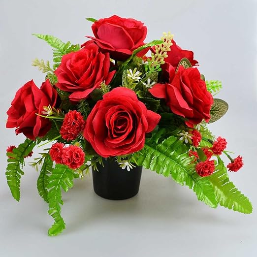 Angraves Artificial Flower Graveside Pot with Red Roses Cemetery