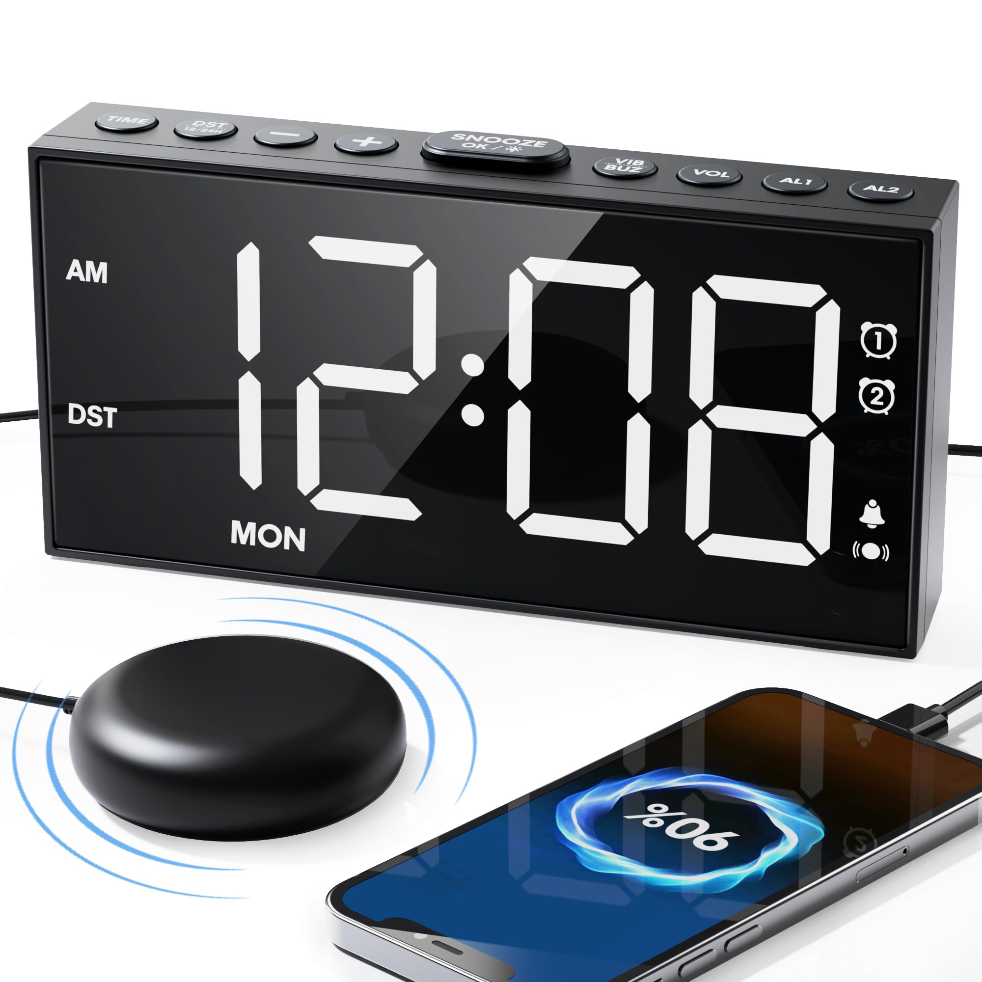 Roxicosly Loud Alarm Clock for Heavy Sleepers with Powerful Shaker, 7.5" LED Display & Bold Font Dual Alarm Clocks with 3 Vibration, 5 Volumes 5 Dimmer, USB Charger, Weekday, Snooze, Power-Off Memory