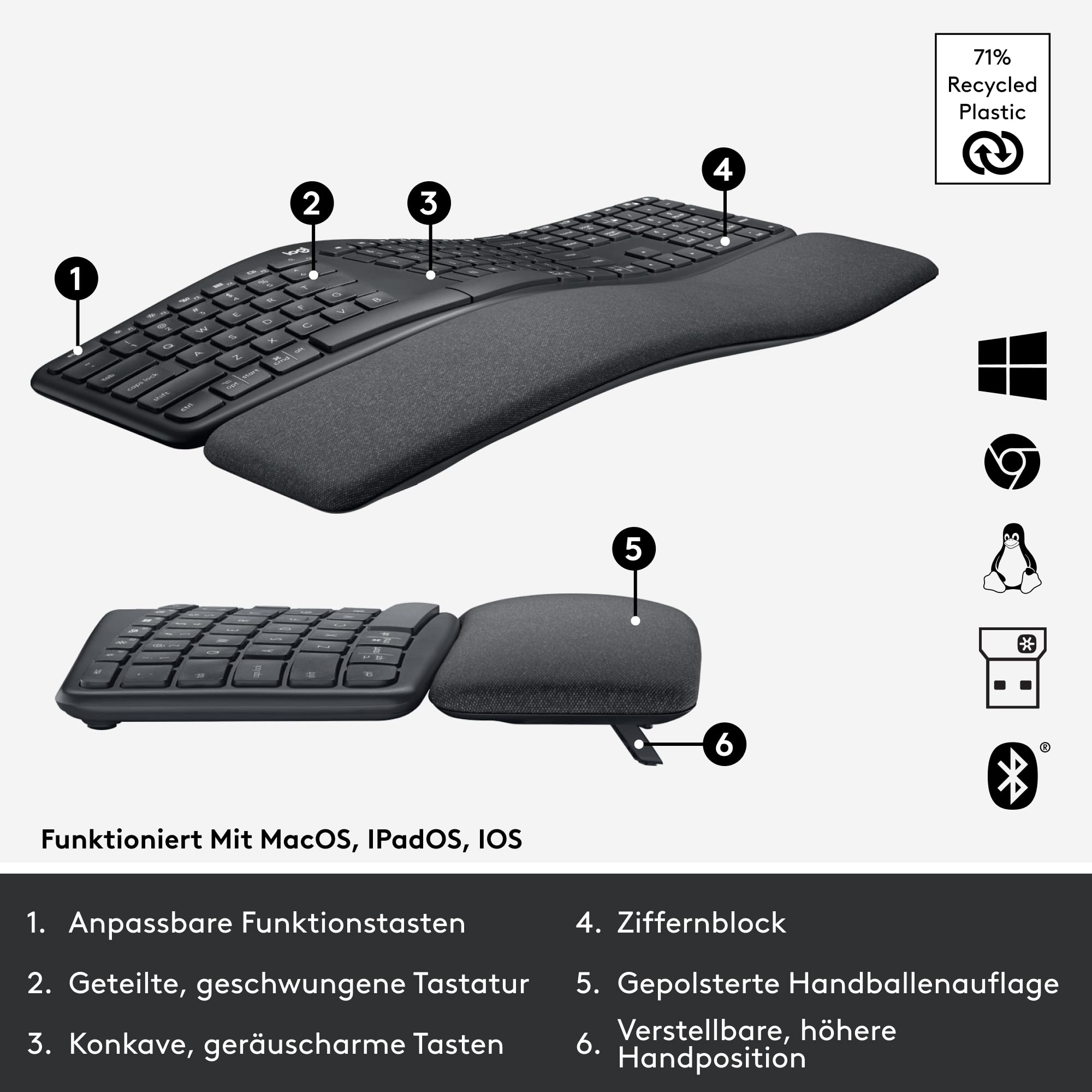 Logitech ERGO K860 - Wireless ergonomic keyboard with split buttons, wristwear and support for natural tap - Windows / Mac, Bluetooth, USB receiver, QWERTZ layout graphite
