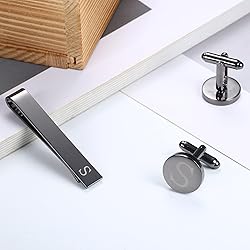 LOYALLOOK Black Initial S Cufflinks and Tie Clip