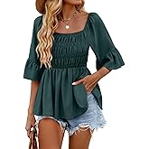 HEYTALALA Womens 3/4 Sleeve Tops Dressy Casual Square Neck Summer Peplum Blouses Ruffle Sleeve Babydoll Shirts 2025 Trendy
