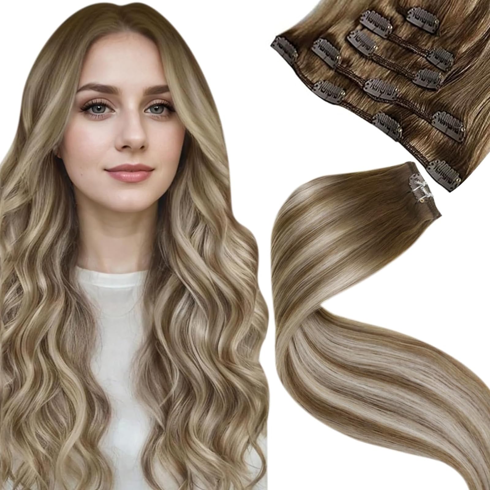 LaaVoo Clip in Hair Extensions Real Human Hair Light Barown Hair Extensions Clip in Straight Balayage Brown to Light Blonde Remy Hair Full Head Double Weft 80g 5pcs 14 Inch #8/60/8 — image 1