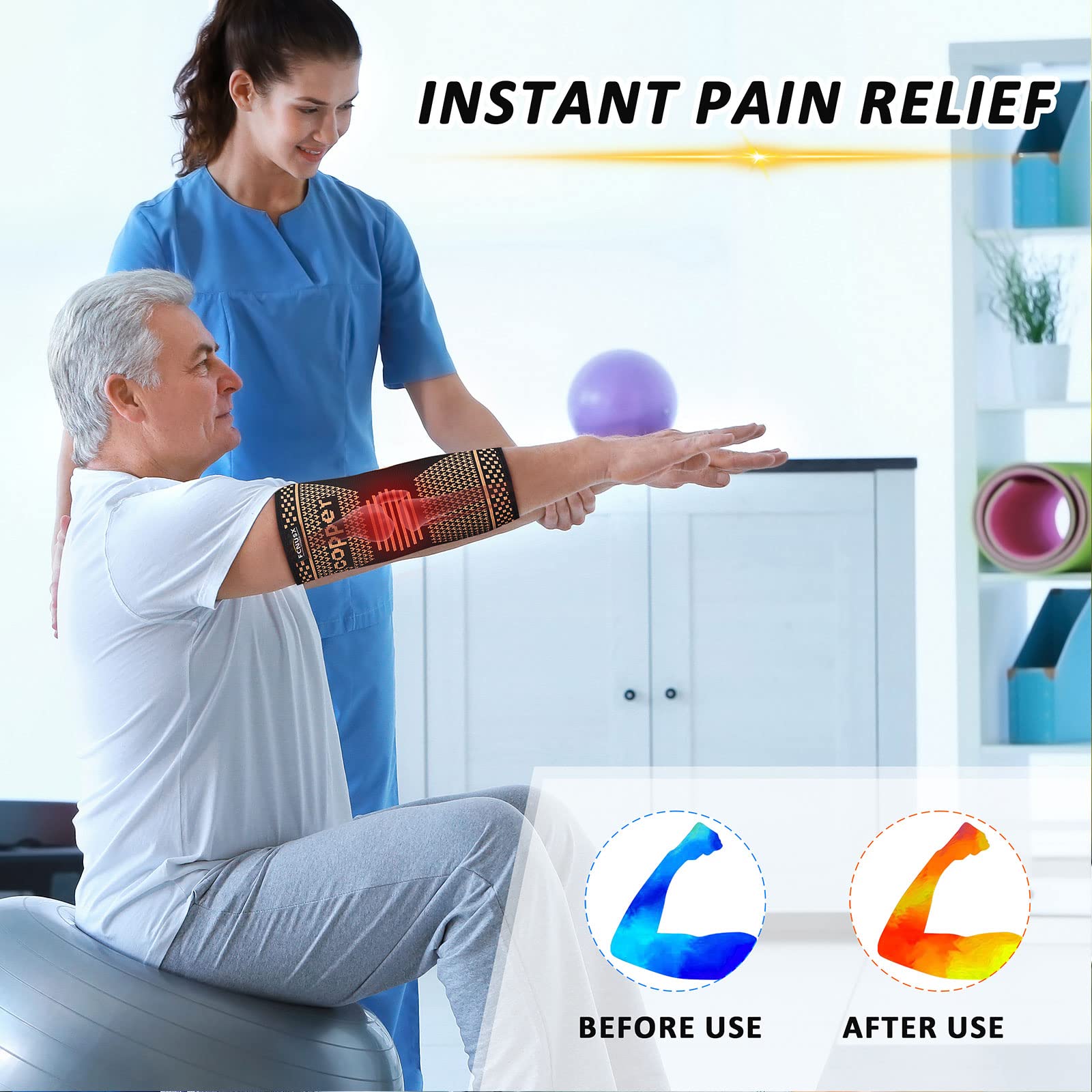 Copper Elbow Brace Compression Sleeves for Pain Relief Men Women, Arm Support Forearm Pads Braces for Tendonitis,Tennis, Golfers, Arthritis, Weight lifting