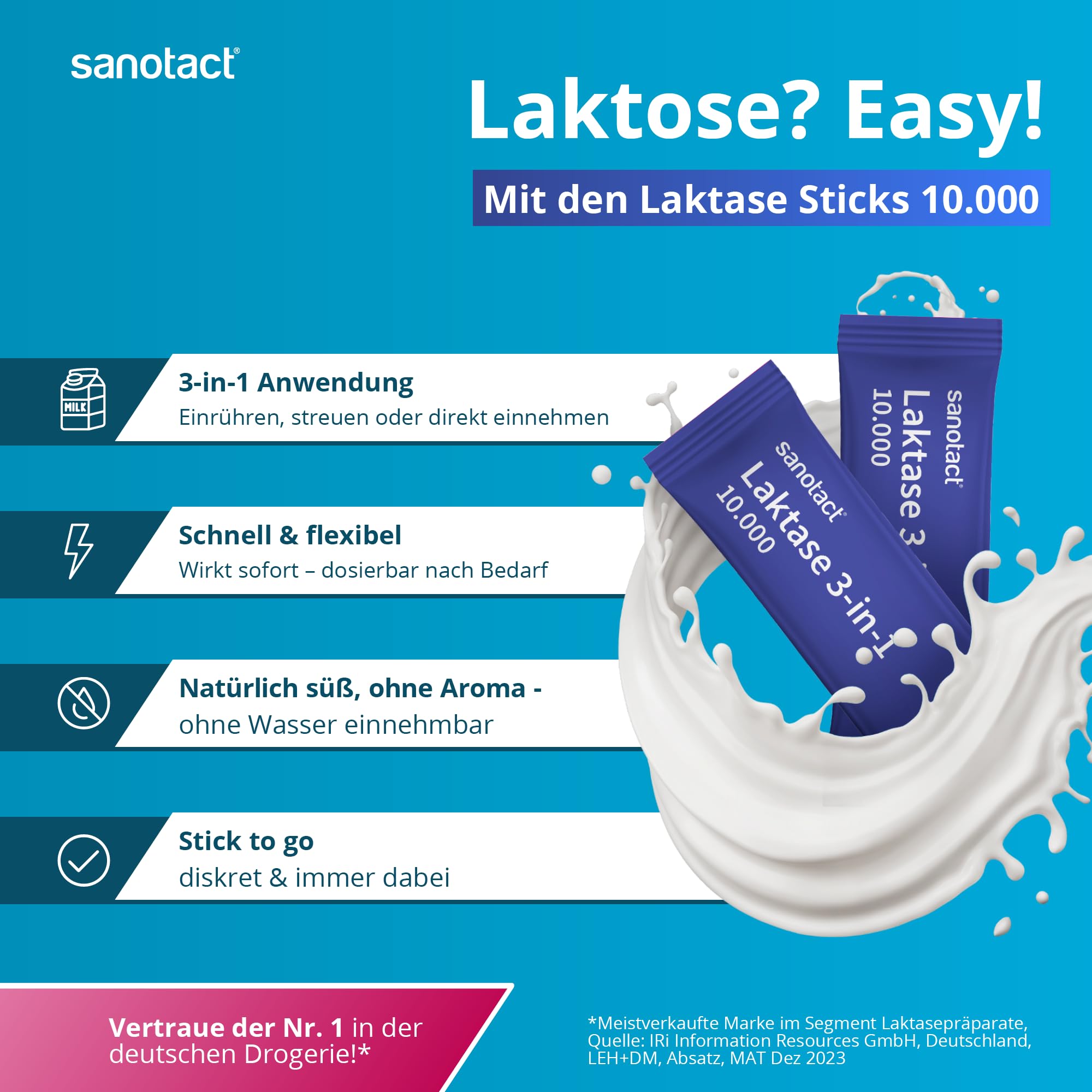 sanotact Laktase Sticks 10.000 – 30 Sticks – 3-in-1 Laktase Pulver zur Unterstützung bei Laktoseintoleranz – Sofortwirkung – ohne Aroma – direkt, im Getränk oder Essen einnehmbar 3