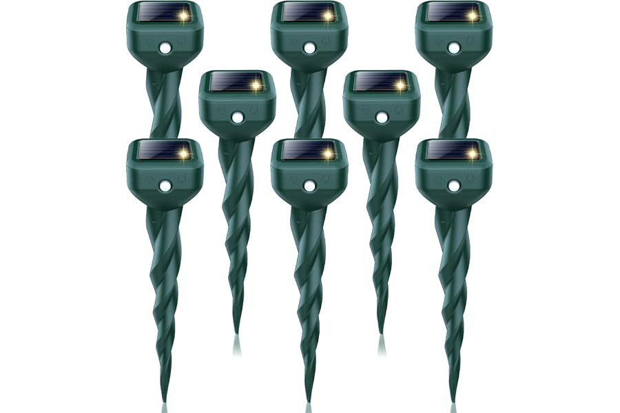 Mole Repellent Solar Powered, 8 Pack Snake & Skunk Repellent for Yard, IP 65 Waterproof Ultrasonic Deterrent Stakes, Get Rid of Rabbit, Gopher, Vole, Chipmunk, Deer, Groundhog for Lawns Garden