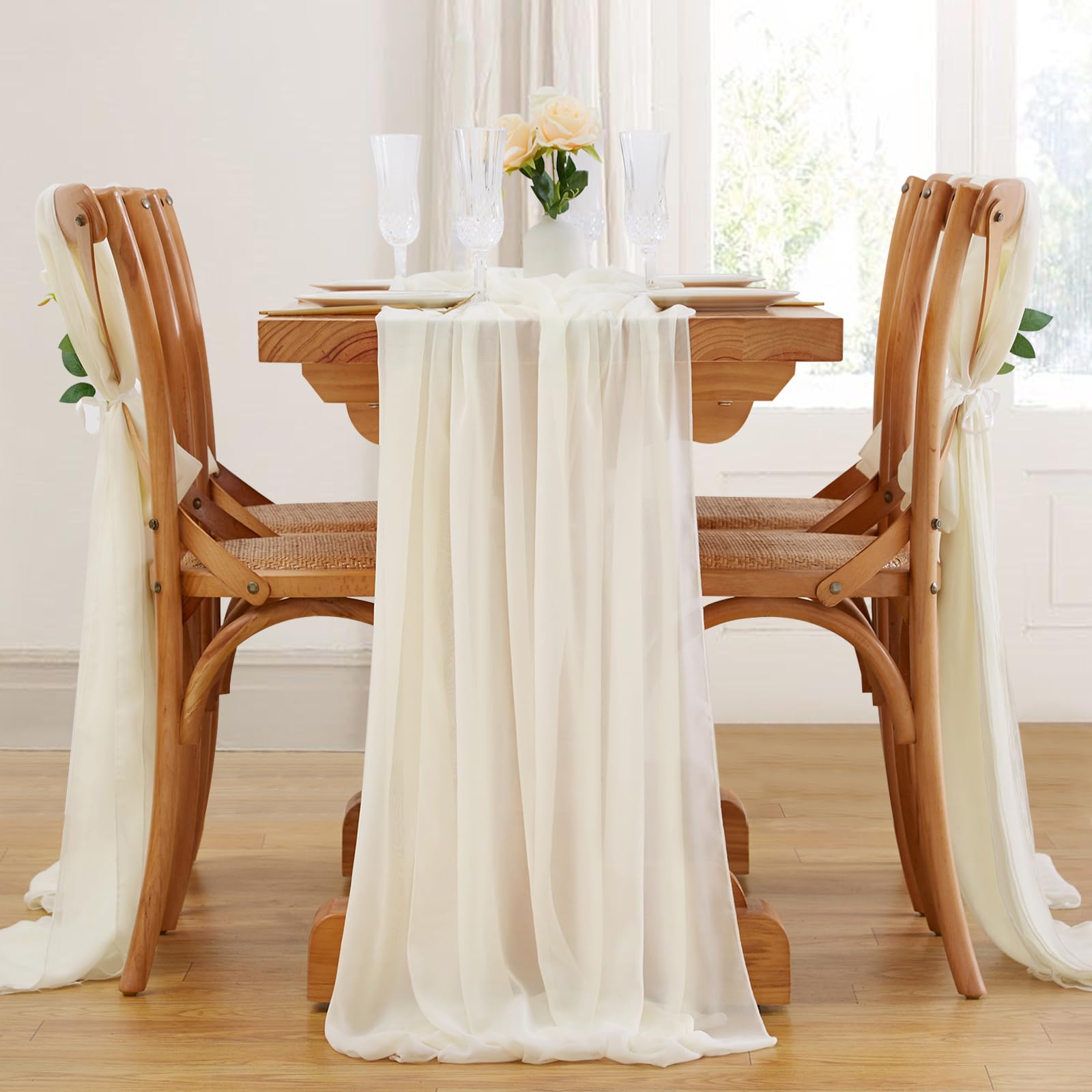 Ivory Chiffon Table Runner 10 Pieces 27x120 Inches Romantic Sheer Runners for Birthday Party Bridal Baby Shower Table Decoration Image