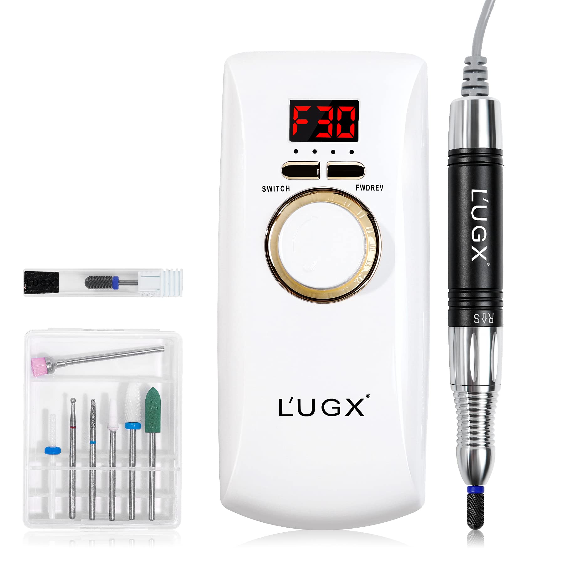 L'UGX 電動ネイルマシン 30000RPM プロ ネイルドリル 研磨 爪磨き ネイルマシーン 自宅サロン用 低騒音 低振動 8個のビット (ホワイト)商品画像