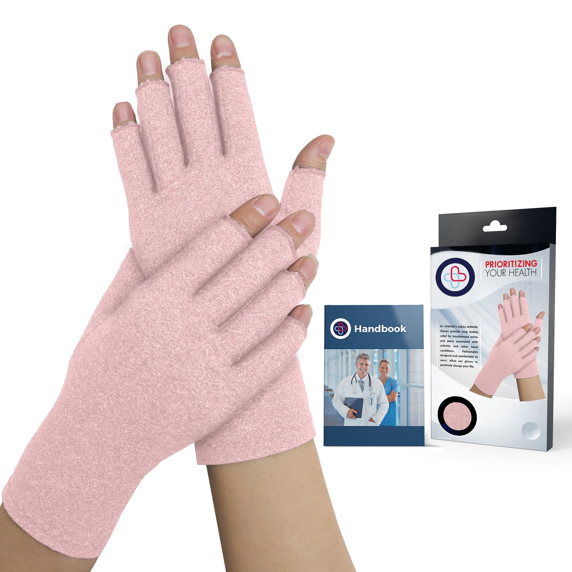 Doctor Developed Arthritis Gloves for Women & Men & Doctor Handbook - Open-Finger Rheumatoid Arthritis Gloves for Pain Relief (Pink, XS)