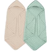 MIGIOL Muslin Hooded Baby Towels 100% Cotton ,Super Soft Muslin Baby Bath Towel - 32 x 32 Inches, Suitable for Newborn and Young Children up to 3 Years Old. (Beige & Green)