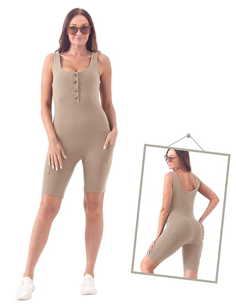 SUNNYBUY WOMEN’S SUMMER WORKOUT ROMPER ATHLETIC ONE PIECE BODYSUIT TUMMY CONTROL JUMPSUIT WITH POCKETS