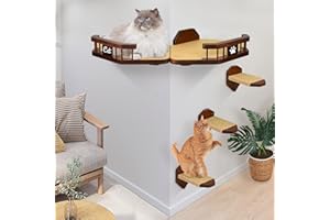 UIPAME Cat Wall Furniture Wall Mounted, 2PCS Cat Shelves and Cat Perches for Wall with 3 Cat Wall Steps and Scratching Pad, Cat Wall Shelves Fit Cat Up to 15Lbs, Wood Cat Hammock Wall Mount (Brown)