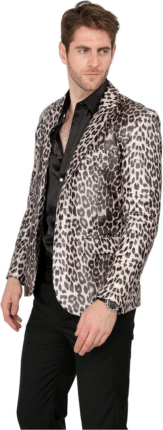 MAGE MALE Mens PU Vintage Leopard Dress Party Luxury Suit Jacket Notched Lapel Slim Fit One