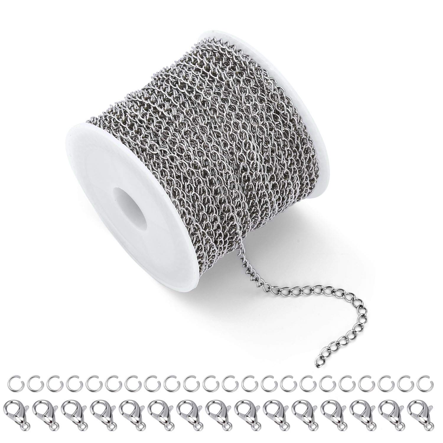 33 Feet Curb Chain for Necklace Making Stainless Steel Jewellery Chains with 50 Jump Rings 20 Lobster Clasps (Width,3mm)