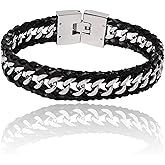 Lucky Brand Mens Stainless Steel Bracelet 8.5", Stainless Steel & Black Leather Link Bracelet, Valentines Gifts for Him