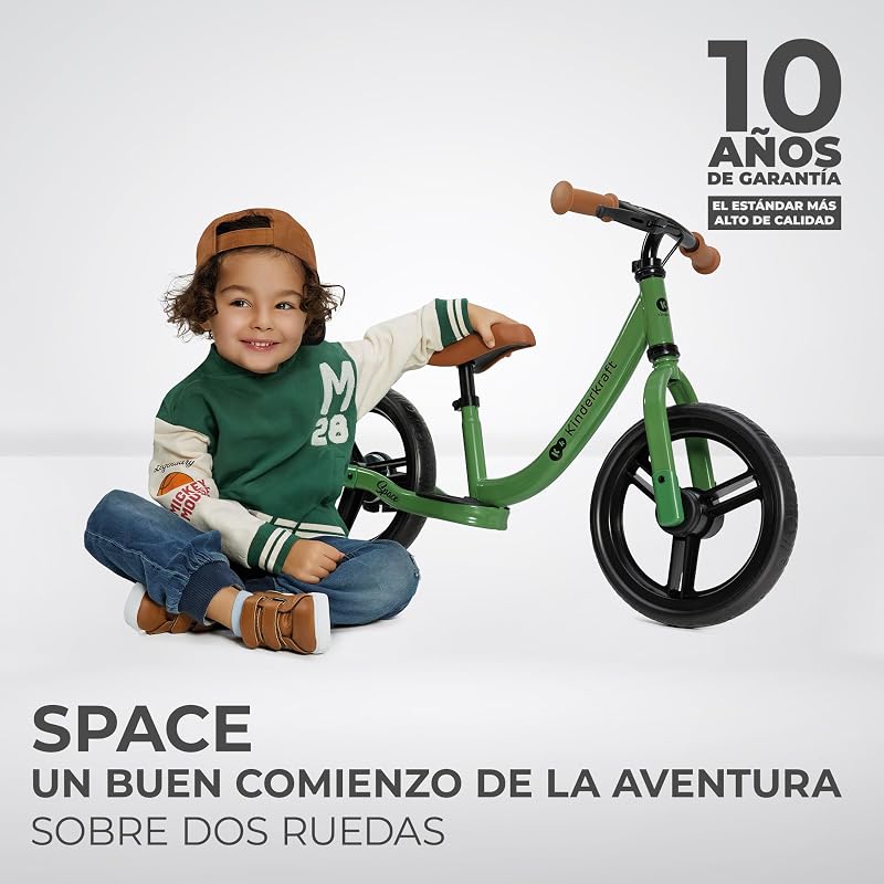 Espaço 2 Bicicleta Sem Pedais, Bicicleta de Rapaz de 2 anos, Bicicleta de 2 Rodas, Sela Ajustável, com travão, Leve, 3,6 kg, Rodas com 28 cm de diâmetro, 35 kg, Verde