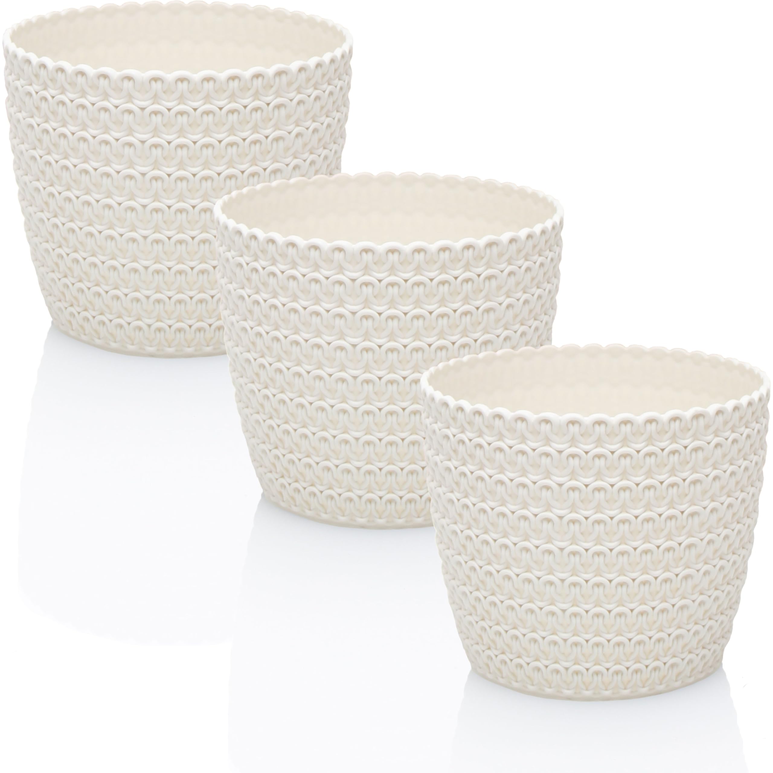 idea-station RIBA Flower Pot Set 3 x 14 cm - Cream/White - Shatterproof Plastic Flower Pots for a Wide Range of Plants, Flowers - Matte Planters for Indoor and Outdoor Use