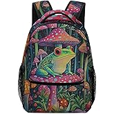KAFFUL Mushroom Backpack for Girls Women, Funny Frog sit on the Mushroom Backpack for Kids, Wild Forest Backpacks Laptop Bookbags for School Travel, Green Pink, 16.5 inch