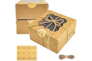 18-Piece Cookie Boxes with Window, 4x4x2.5 Inches Brown for Kraft Bakery Boxes with Decorative Stickers & Jute Twine, Easy to