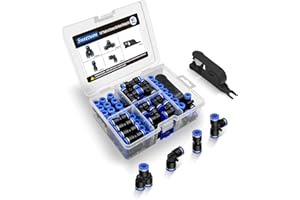 Sweezwon 67Pcs 1/4" Push to Connect Air Hose Fittings Kit, Pneumatic Quick Connects (15 Splitters+15 Tees+16 Elbows+20 Straights) + Tubing Cutter, Air Line Fittings for 1/4" Tube