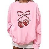 WDIRARA Girl's Cherry Sweatshirt Bow Graphic Pullovers Crewneck Long Sleeve Oversized Top