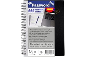 MENTOR CREATIONS My Password Book Double Capacity 7" X 5" 240 Pages Quick Search Design Password and Private Code Journal Black PVC Cover
