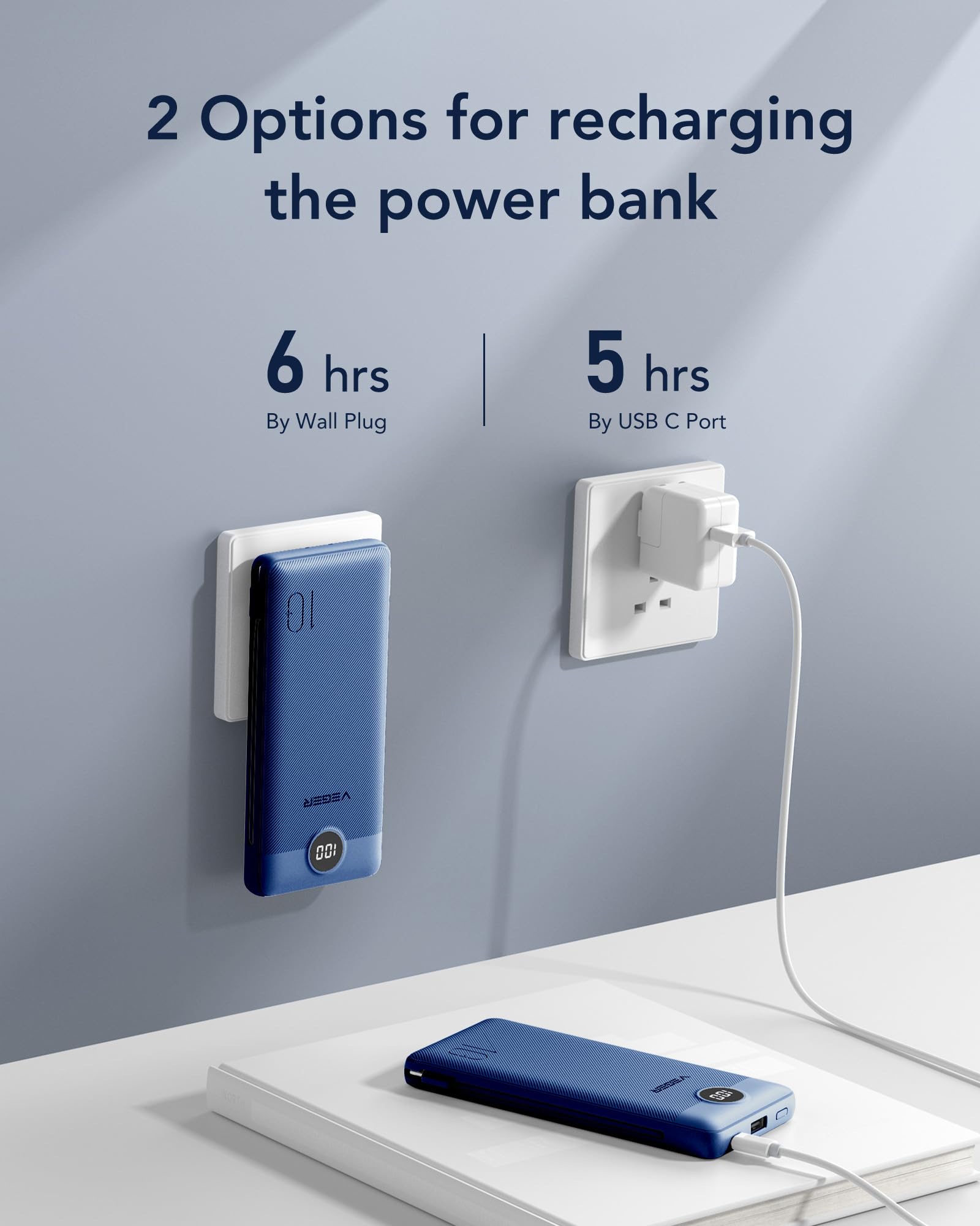 VEGER Portable Charger with Built-in AC Plug and Cables, All in One 10000mAh Ultra Slim Power Bank Travel Essentials, 15W Fast Charging Battery Pack Compatible with iPhone, Samsung, Android (Navy)