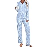 Ekouaer Women's Pajamas Sets 2 piece PJs V Neck Long Sleeve Sleepwear Comfy Pants Loungewear with Pocket