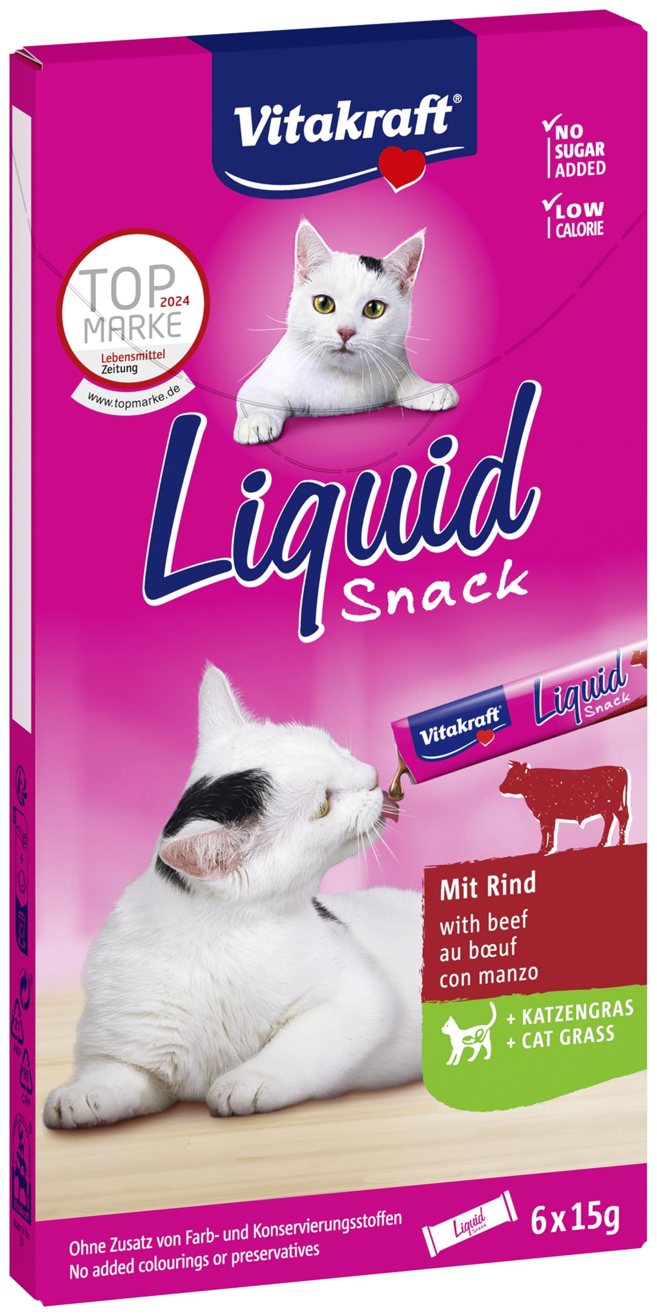 Vitakraft Liquid snack with beef + cat grass, 1 pack (6 bags of 15 g)