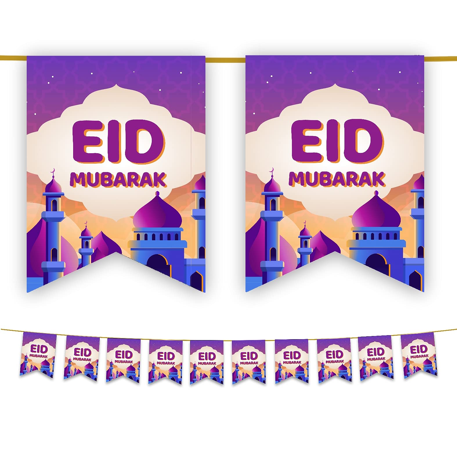 Happy Eid Mubarak Bunting Party Flags Kids - 10 Flags - Eid Decorations (Purple & Orange)