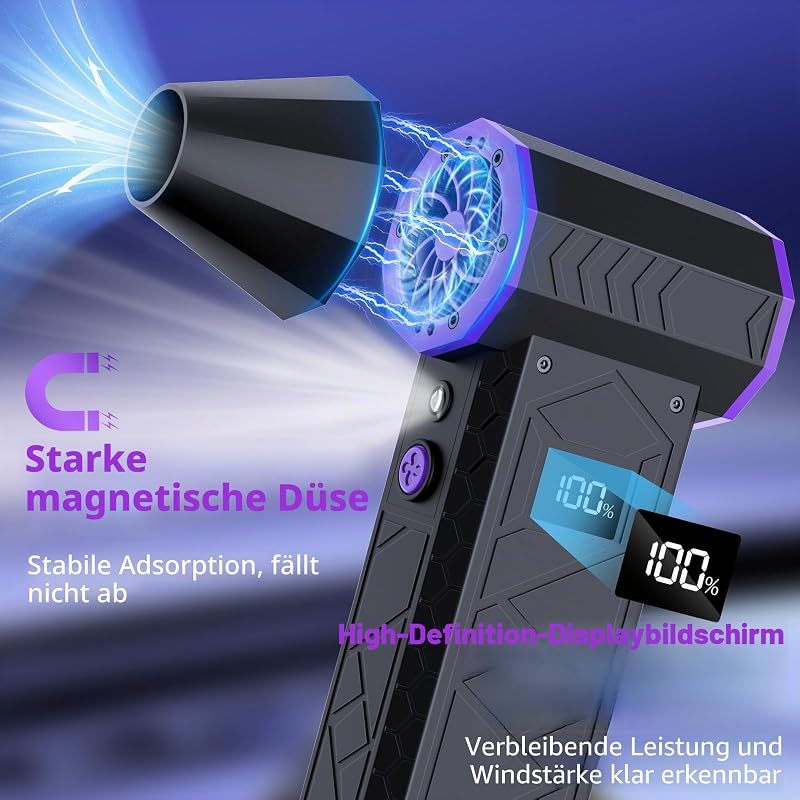 Elektrisches Staubgebläse mit 130000RPM, Leistungsstarker Druckluft-Staubwedel, 4-Stufig Einstellbar, Akku Betrieben, Reinigungsset mit HD-Display, Electric Air Duster für Tastatur, PC und Auto