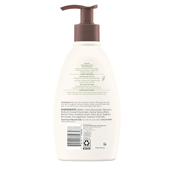 AVEENO DAILY MOISTURIZING FACIAL CLEANSER FOR DRY SKIN, GENTLE FACE CLEANSER WITH SOOTHING OAT FOR SKIN THAT FEELS SOFT & SUPPLE, REMOVES DIRT, OIL AND IMPURITIES, FRAGRANCE FREE, 12 FL OZ