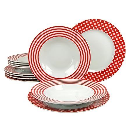 Creatable 19723, Serie UNO Punkte rot-weiß, 12 teilig Tafelservice, Porzellan, Mehrfarbig, 28 x 22,5 x 29 cm, Einheiten