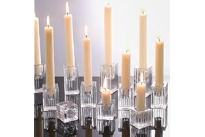 LETINE 12pcs Vertical Stripe Glass Candlestick Holders - Chic Taper Candle Sticks Holder Set for Elegant Dining & Home Decor - Ideal for Wedding Centerpieces, Parties, and Celebrations