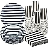 100Pcs Black and White Party Supplies Black and White Striped Scalloped Paper Plates Set 9"& 7" Black White Striped Plates Napkins Cup for Wedding Baby Shower Holiday Birthday Decor Serves 25