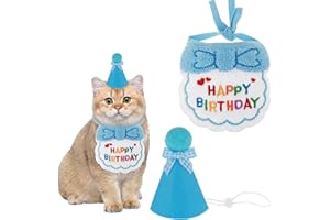 Andibro Cat Birthday Hat and Bib, Cat Birthday Bandana Outfit Cat Party Hat Scarf Set Pet Decoration Set for Cat Puppy Kitten Birthday Party Decorations(Blue)