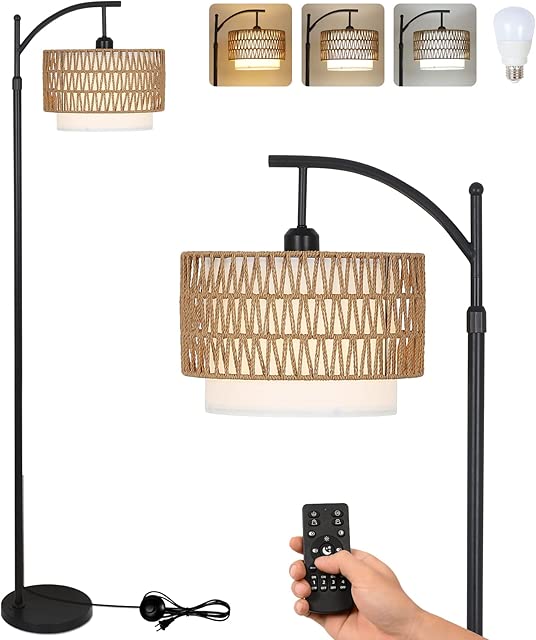 Arc Floor Lamp for Living Room with 3 Color Temperatures, Farmhouse Floor Lamps with Remote & Dimmable Bulb, Boho Standing La