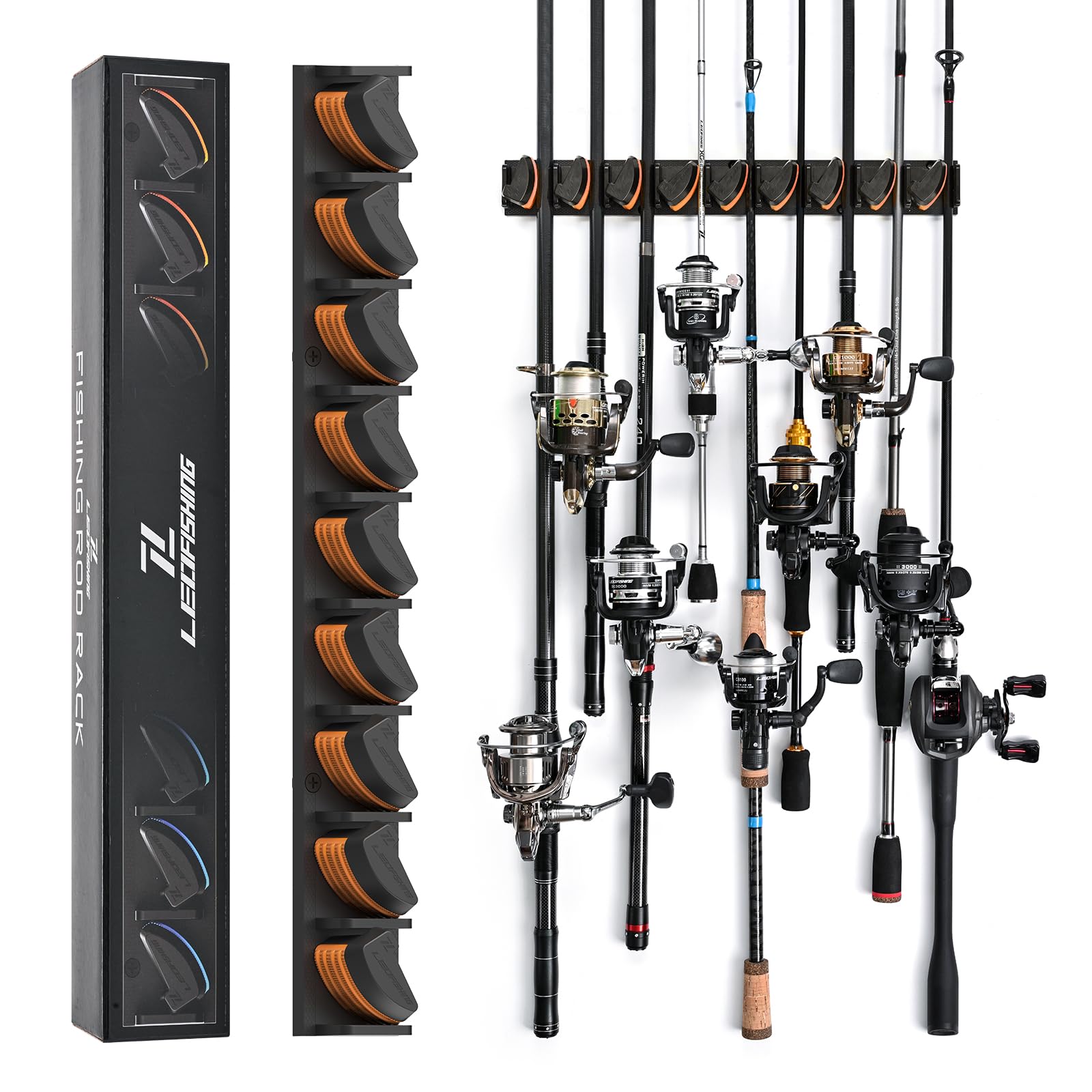 LEOFISHING Vertical Horizontal Fishing Rod Holder Wall Mounted Fishing Rod Rack Holds Up to 9 Rods or Combos Fishing Rod Pole Holders for Garage Ceiling Mounted Fits Most Rods (Orange -1 Pack)