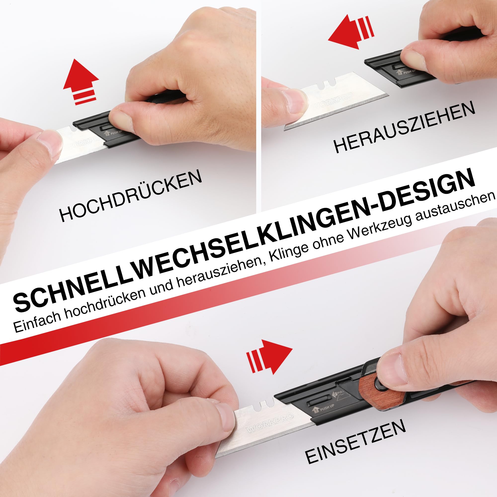 WORKPRO 2-IN-1 Taschenmesser klappbares Universalmesser, Klappmesser aus Aluminium, Faltbares Cuttermesser mit Holzgriff & Gürtelclip, Liner Lock, Schnellwechseln, inkl. 10 zusätzlichen Klingen 5