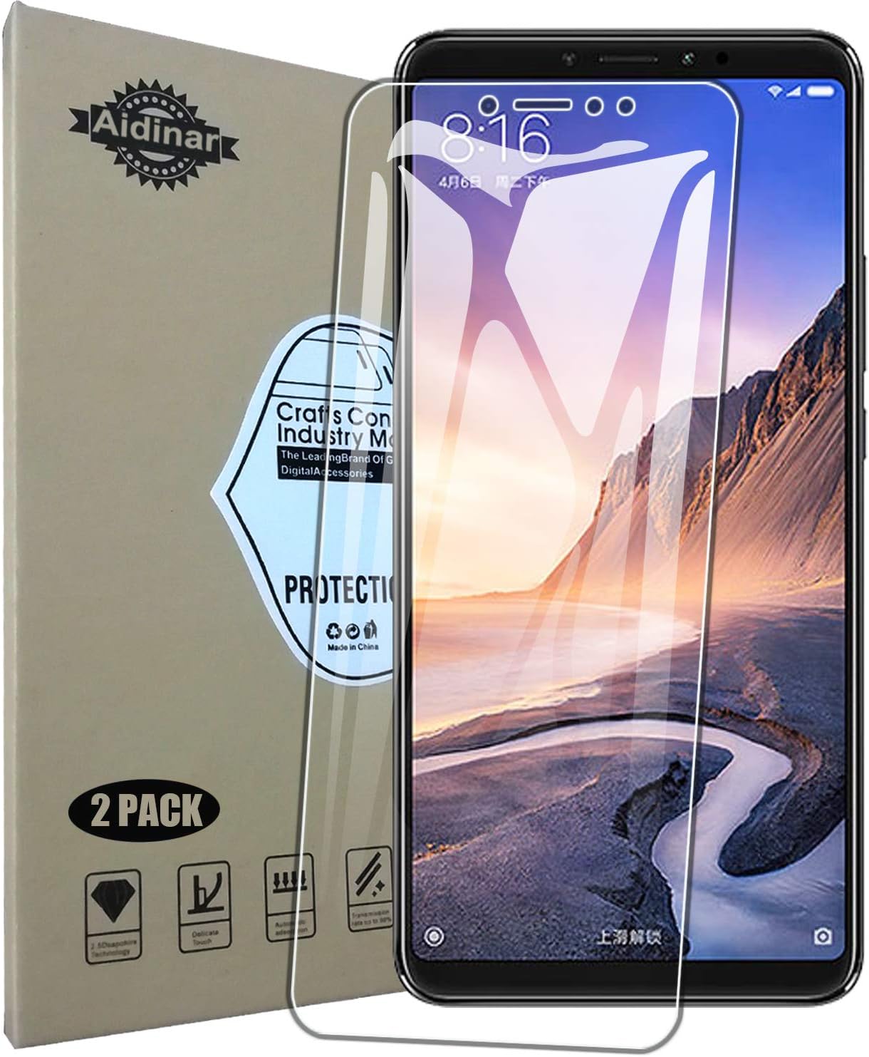 Xiaomi Mi Max 3 Screen Protector(2 Pack) CJ Sinshine 9H Hardness, Touch Compatible, Bubble Free, Anti-Fingerprint 3D Full Cover Bulletproof Screen Protector