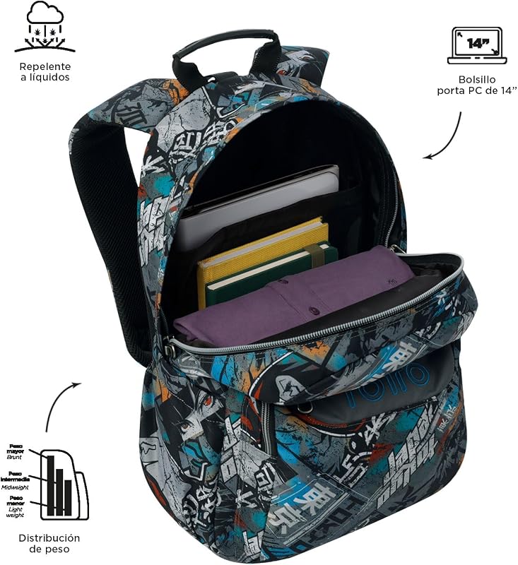 - Mochila escolar adaptável a carrinho, modelo aguarela, capacidade de 20 L, bolso para PC de 14", bolso para 2 garrafas, encosto ergonómico para fluxo de ar, alças confortáveis em S, estampado Okubo
