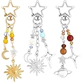 TUCEWP 3Pcs Sun Moon Star Keychain for Women Girls Vintage Bag Charm Colorful Beads Tassel Keyring Y2K Aesthetic Boho Purse Charms for Handbags Backpack Charms Car Accessories Birthday Christmas Gift