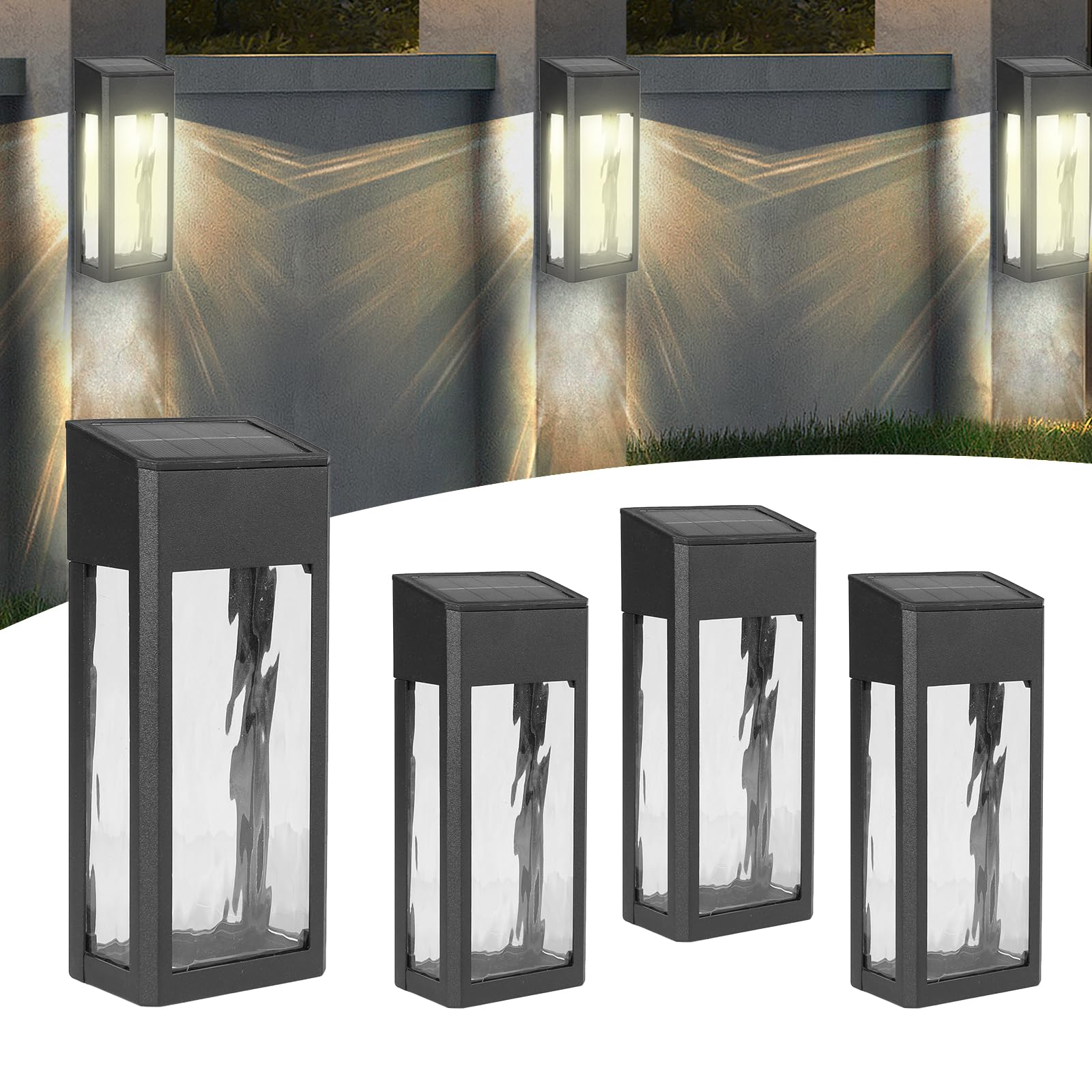 Photo 1 of Sunshine Star Solar Outdoor Lights, 4 Pack Textured Glass Solar Wall Lights for Yard, Fence, Porch and Garage with 2 Modes, Body in Aluminum and Waterproof