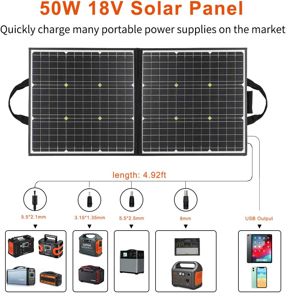 50W 18V Portable Solar Panel, Flashfish Foldable Solar Charger with 5V USB 18V DC Output Compatible with Portable Generator, Smartphones, Tablets and More : Garden & Outdoor