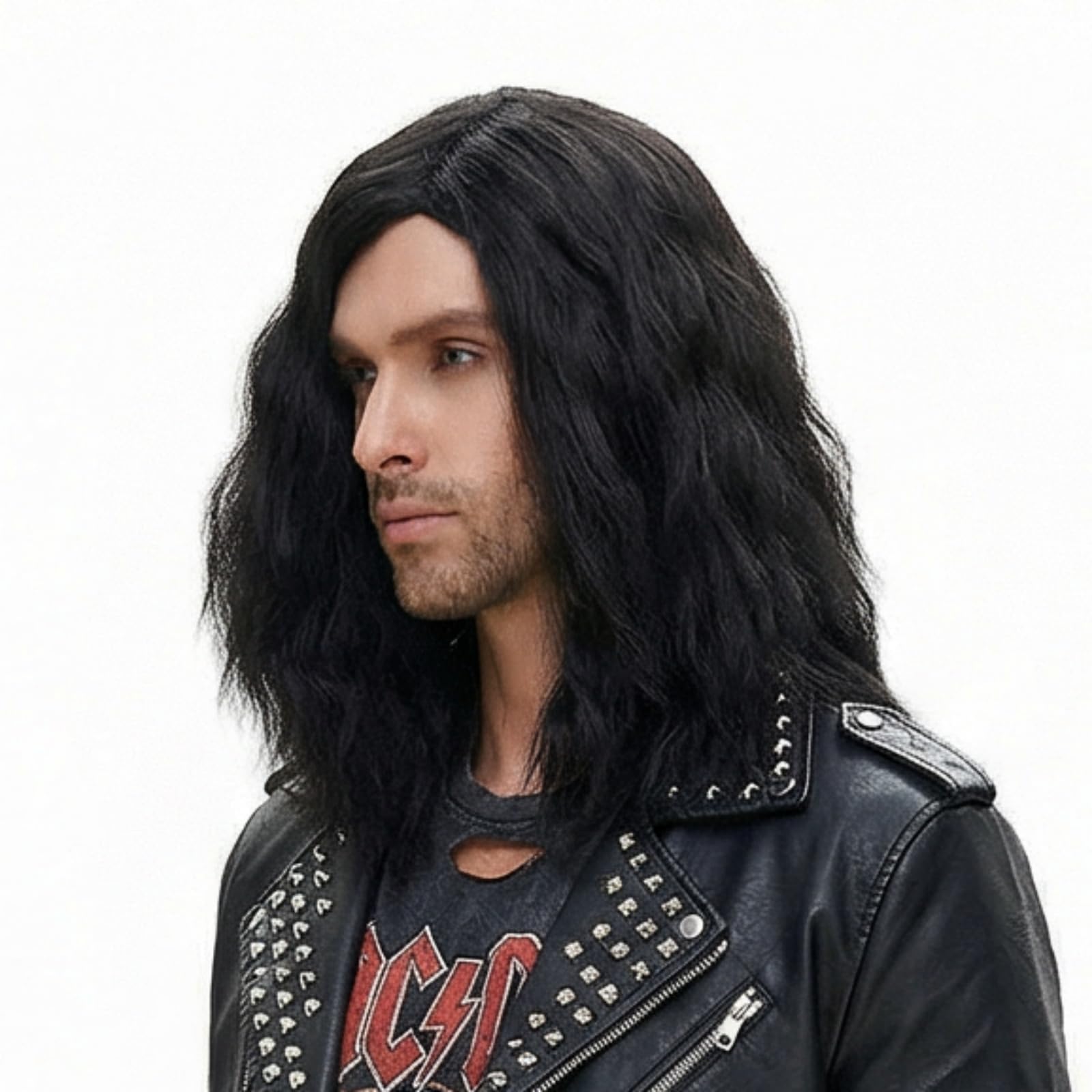 REEWES Men Wigs Long Men Wigs Curly Wave Layered Hair With Cap Flame Redartant Synthetic Hair Wig Natural Hair Wig For Male Daily Costume(Black)
