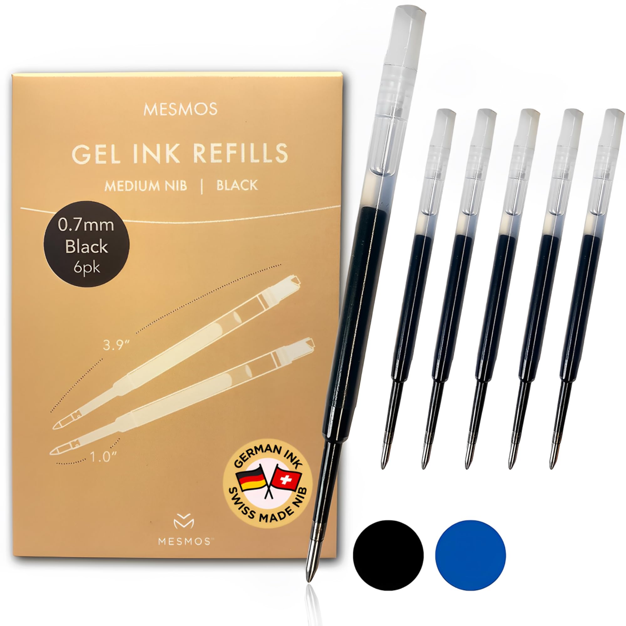 MESMOS 6 Pack 3.9 inch (9.8cm) Pen Refills Ballpoint, Compatible with Ballpoint Parker Pen, Replacement Ink Pen Refills, 1.0mm Smooth Writing Tip (Gel - Black Ink 0.7mm)