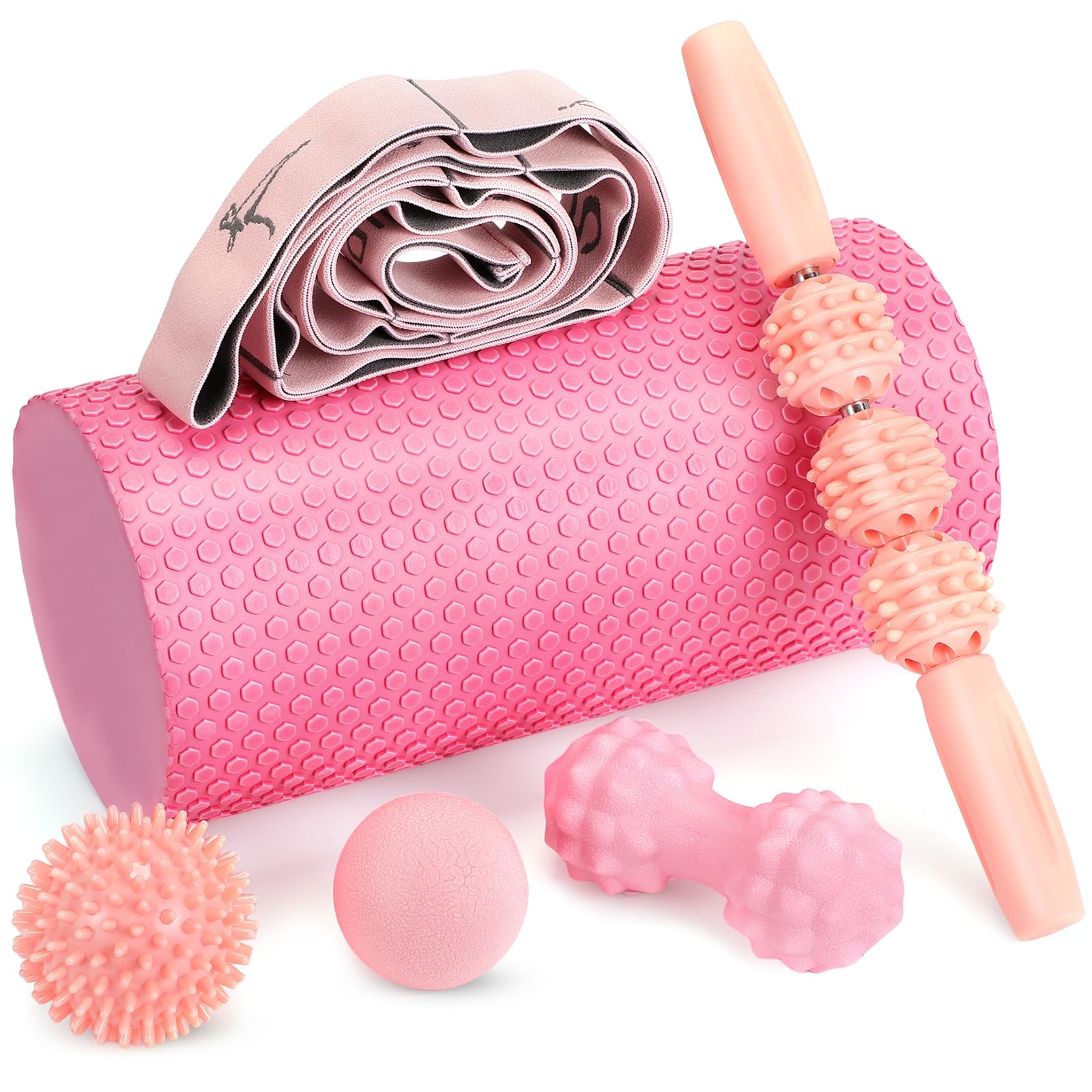 Photo 1 of 6 Pcs Pink Foam Roller Set Includes Peanut Massage Ball, Back Roller, Massage Roller Stick, 2 Foot Stretching Strap, and Fasciitis Ball for Christmas Gift Exercise Physical Body Therapy Yoga Massager